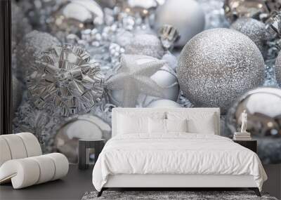 A collection of shiny silver and white Christmas ornaments artfully arranged together in a festive scene. Wall mural