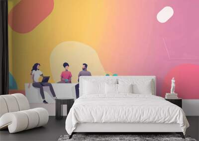 A colorful illustration of three animated individuals working together in a vibrant environment, symbolizing collaboration. Wall mural