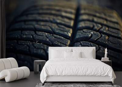 A detailed close-up photograph of a tire tread showcasing its texture and design features under natural lighting. Wall mural