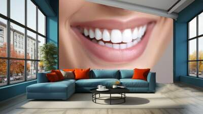 A detailed close-up showcasing a set of impeccably white, straight teeth framed by natural pink lips, projecting health and beauty Wall mural