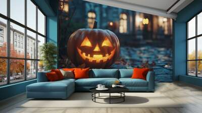 A glowing jack-o'-lantern placed on a stone surface outdoors, with a spooky house in the background at night. Wall mural