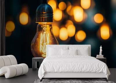 A glowing light bulb in focus with blurred background lights creating a bokeh effect in the dark setting. Wall mural