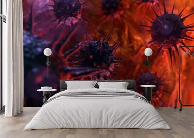 A highly detailed and abstract close-up of a virus with sharp spikes, depicted in intense red and purple hues, conveying urgency. Wall mural