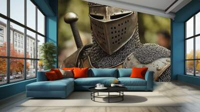 A knight in full armor with chainmail and a sword handle, focused and ready. Wall mural