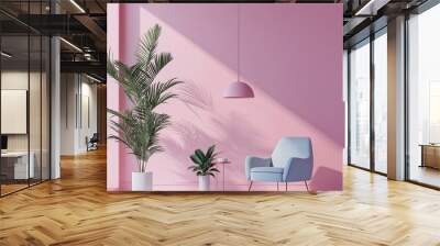 A pink room with a stylish blue chair and two green plants, highlighted by natural light from the window. Wall mural