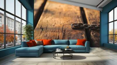 A rustic image of weathered wood planks with a rusted metal chain laying across them, illustrating vintage textures. Wall mural