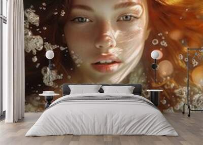 A serene face with flowing red hair is submerged underwater, surrounded by bubbles and glowing light reflections. Wall mural