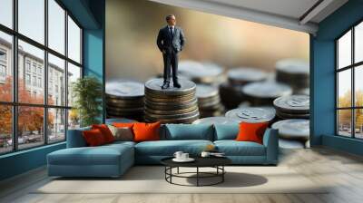 A small figurine of a businessman stands on top of coin stacks, indicating financial success or investment growth. Wall mural