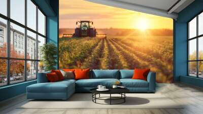 A tractor actively working on an agricultural field at sunset, portraying farm machinery and crop production Wall mural