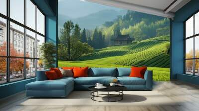 A traditional house situated in lush green hills with row patterns of fields, surrounded by dense trees. Wall mural