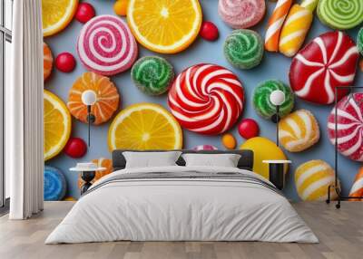 A variety of brightly colored candies and fruit slices are artfully arranged on a light blue surface, creating a vivid and cheerful scene. Wall mural