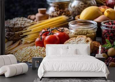 A variety of fresh and dry ingredients ready for creating a delicious and wholesome meal on a rustic countertop. Wall mural