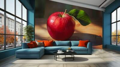 A vibrant red apple with a green leaf on a wooden table, bathed in natural sunlight, casting a shadow. Wall mural