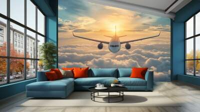 Airplane soaring above fluffy clouds during a golden sunset, capturing the beauty of travel and aviation. Wall mural