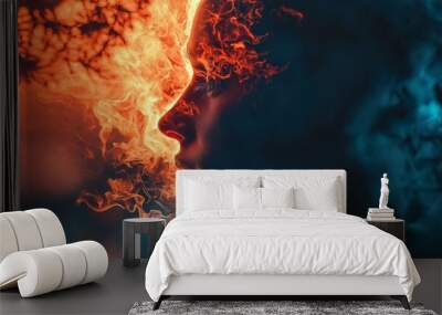 An abstract artwork depicting a person in a breathtaking dual-colored lighting setup, representing fire and ice contrast. Wall mural