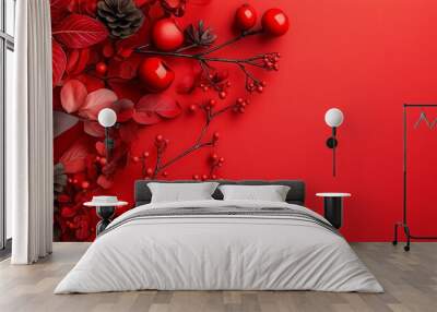 An artistic arrangement of various red decorative elements, evoking festive and joyful feelings perfect for celebrations. Wall mural