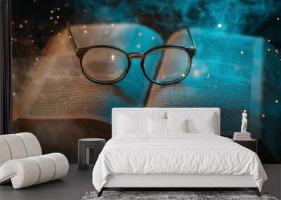 An open book with glasses perched on top, surrounded by whimsical floating dust, invites exploration and learning magic. Wall mural