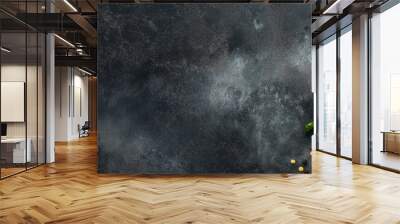 Assorted tomatoes, garlic bulbs, and fresh herbs such as basil and rosemary arranged on a gritty dark surface. Wall mural