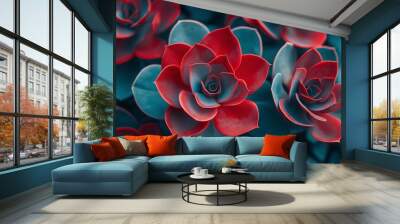 Bright red and blue succulent plants captured in close-up, showcasing their intricate textures and shapes. Wall mural