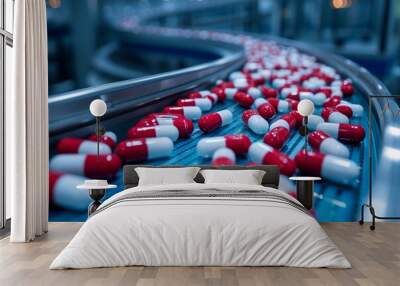 close up of medicinal drugs on a conveyor belt in a pharmaceutical factory Wall mural