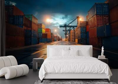 Colorful shipping containers stacked high at a busy port, illuminated under a dramatic cloudy evening sky ambiance. Wall mural