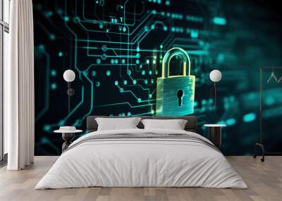 Cyber security lock over a digital background, circuit boards, technology  Wall mural