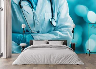 Detail image of a doctor's torso with arms crossed and stethoscope, symbolizing healthcare, trust, and professionalism. Wall mural