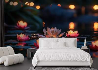 Glowing lanterns float amidst lotus flowers in a peaceful pond, creating a serene and enchanting nighttime ambiance. Wall mural