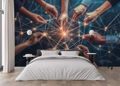 People connecting hands, symbolizing teamwork with a graphical network overlay of points and lines Wall mural