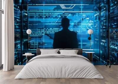 silhouette of a cybersecurity expert standing in safe and secure business server room Wall mural