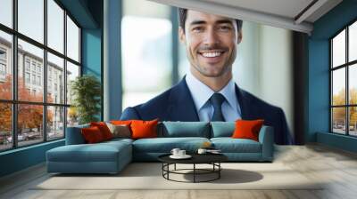 The smiling businessman exudes confidence and warmth indoors. Wall mural