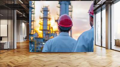 Two engineers in red helmets viewing a large refinery complex against a vibrant sunset sky, capturing modern industry. Wall mural