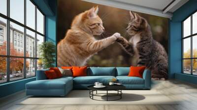 Two young cats engage in gentle play, their paws meeting in mid-air, as nature silently cocoons their lively spirit. Wall mural