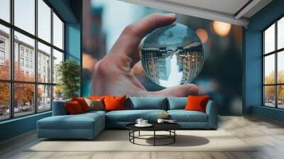 Upside-down reflection of a city street in a crystal ball held by a hand Wall mural