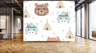 seamless pattern with cute tribal animals, vector illustration Wall mural