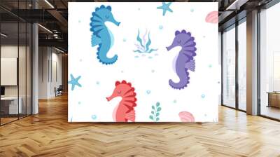 vector seamless pattern with seahorse and seaweed Wall mural