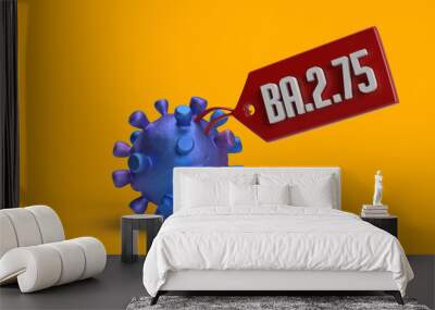 Breaking News: Sub-variant BA.2.75 Centaurus on yellow background. 3D render Covid-19 bacteria cell, name tag, copy space. Lineage of SARS-CoV-2 coronavirus. Clipping path feature image for easy edit Wall mural