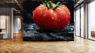 A fresh tomato and its juicy half are placed over a dark stone, highlighting the natural simplicity and beauty of organic food. Wall mural