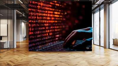 A hacker in a dark room uses a laptop to execute cyber crimes, shifting from ransomware to data extortion, posing significant security risks to individuals and organizations. Wall mural