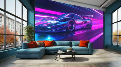 a neon car rides down the road in a neon environment, colorful and bold, heavy line work Wall mural