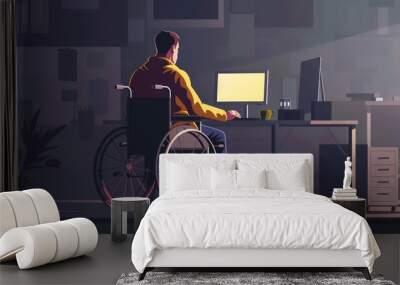 a person in a wheelchair sitting at a desk, in the style of back button focus, multilayered dimensions, clean and streamlined, expansive, dark gray and brown Wall mural