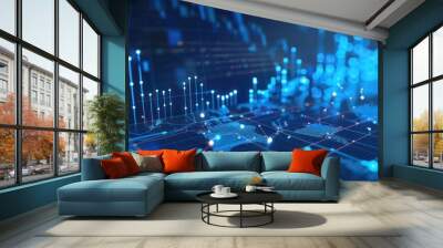 Abstract blue digital background with glowing light and bar graph of stock market data, futuristic technology concept Wall mural