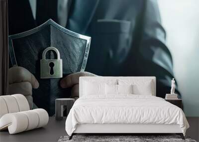 Businessman holding a security shield with a padlock icon in an office, representing the concept of data protection, against a white background Wall mural