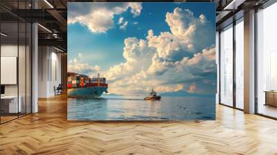 cargo ship with containers on the sea, small boat near it Wall mural