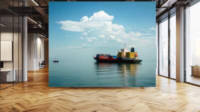 cargo ship with containers on the sea, small boat near it Wall mural