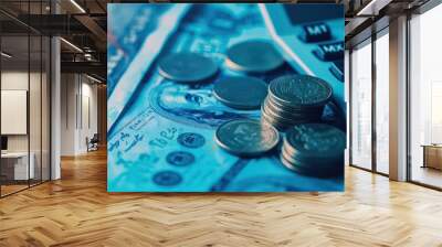 financial charts and coins on a blue background with a calculator Wall mural