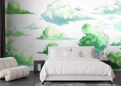 green cloud illustrations on a white background Wall mural