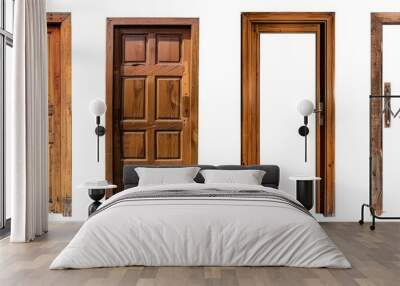 house brown wooden doors, white background Wall mural