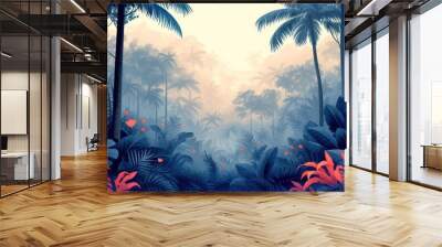 jungle palms meets nature, light gray and dark aquamarine, botanical accuracy Wall mural