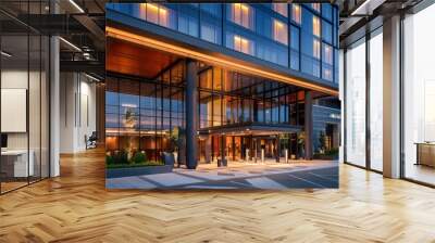 modern hotel exterior with a sleek glass facade in the late afternoon Wall mural